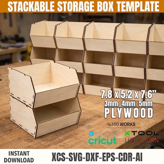 Stapelbare Aufbewahrungsbox Vorlage für Laserschneiden | Modularer Sperrholz Organizer | 3-4-5 mm Holzbox