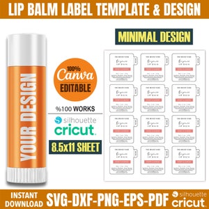 May include: A printable template for lip balm labels. The template features a minimalist design with a white background and black text. The labels are designed to be printed on an 8.5x11 inch sheet of paper. The text on the labels reads "The Brand Name Organic Lip Balm Honey & Almond".