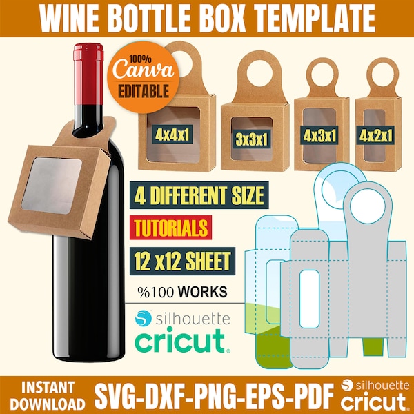 Plantilla de caja de botella de vino, etiqueta de caja de vino svg, caja de botella de vino svg, caja de regalo svg, caja de vino svg, plantilla de caja svg, caja de favores de fiesta, archivo cricut