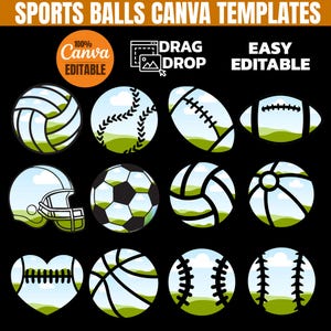 Puede incluir: Gráfico que presenta ilustraciones de balones deportivos, incluyendo un voleibol, béisbol y fútbol americano, junto con un balón de fútbol y baloncesto. La imagen también incluye un casco de fútbol americano y un béisbol en forma de corazón. El texto en la parte superior dice "SPORTS BALLS CANVA TEMPLATES".