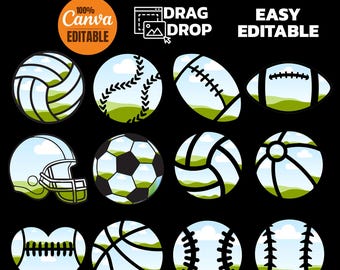 May include: A graphic featuring various sports balls, including a volleyball, baseball, football, soccer ball, and basketball. The image also includes a football helmet and a baseball in a heart shape. Text at the top reads "SPORTS BALLS CANVA TEMPLATES".