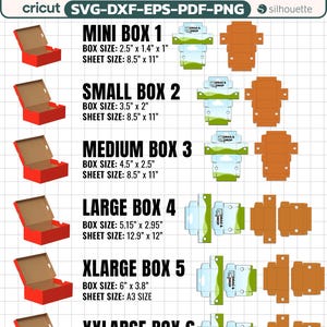 Może przedstawiać: Grafika prezentująca zestaw 6 rozmiarów pudełek na buty z tekstem "6 SIZE SHOE BOX BUNDLE". Obraz zawiera czerwone makiety pudełek na buty i brązowe szablony pudełek. Rozmiary pudełek wahają się od 6,35 cm x 3,56 cm x 2,54 cm do 17,78 cm x 12,7 cm.