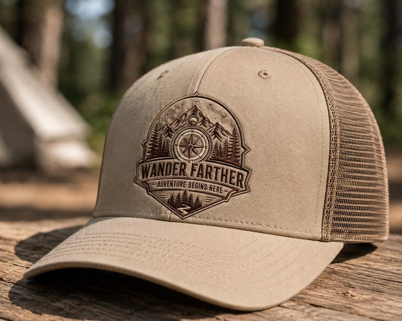 May include: A tan trucker hat featuring a brown embroidered patch on the front. The patch displays a mountain range, a compass, pine trees, and a winding path with the text WANDER FARTHER and ADVENTURE BEGINS HERE in a circular design.