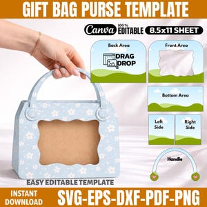 May include: A light blue gift bag purse template with a floral pattern and a clear window. The template includes areas for the front, back, bottom, left, and right sides, plus a handle. The text reads "Gift Bag Purse Template", "Easy Editable Template", and "Instant Download".
