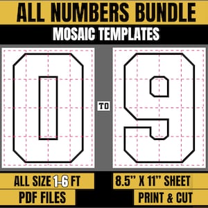 Puede incluir: Un conjunto de plantillas de mosaico imprimibles para los números del 0 al 9. Las plantillas están diseñadas para imprimirse en hojas de papel de 8,5 pulgadas por 11 pulgadas y recortarse. Las plantillas son para números de 1 a 6 pies de tamaño. La imagen muestra una muestra del número 0 y 9.