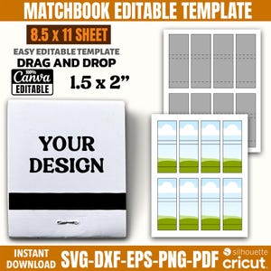 May include: A white matchbook template with the text "YOUR DESIGN" and a black stripe. The image includes a sheet of matchbox designs and the text "8.5 x 11 SHEET" and "3.8 x 5.1 cm" dimensions. The template is editable with Canva.
