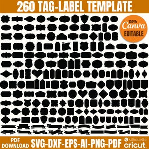 Può includere: Un set di 260 modelli di tag ed etichette in bianco e nero da utilizzare in Canva. I modelli sono modificabili e possono essere scaricati nei formati SVG, DXF, EPS, AI, PNG e PDF. Il testo "Canva Editable" è in testo arancione su sfondo bianco.