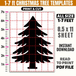 May include: Black Christmas tree template with a grid overlay, designed for print and cut. The template is for trees ranging from 0.3 to 2.1 metres in height. Includes text: "ALL SIZE 1-7 FEET", "8.5 x 11 SHEET", "INSTANT DOWNLOAD", and "READ TO PRINT PDF FILE".