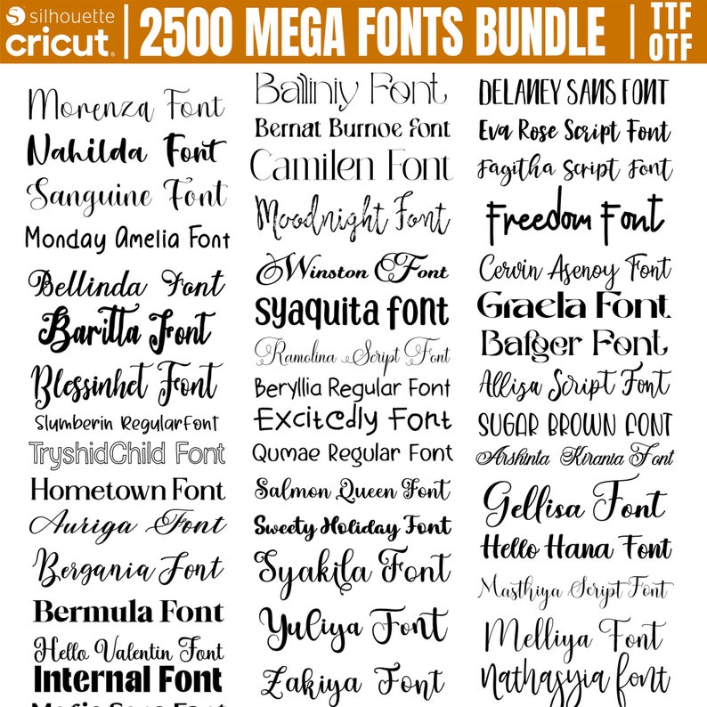 Puede incluir: Una imagen en blanco y negro de una colecci&oacute;n de 2500 nombres de fuentes. Los nombres de las fuentes est&aacute;n escritos en una variedad de estilos, incluyendo cursiva, sans serif y serif. La imagen est&aacute; etiquetada como "2500 MEGA FONTS BUNDLE" y "TTF OTF".