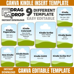May include: A Canva Kindle insert template with a drag-and-drop design. The image showcases nine different templates, each labeled for various Kindle models, including Paperwhite, Colorwell, Scribe, and Basic, with dimensions in inches. The text reads "Instant Download" and "Easy Editable."