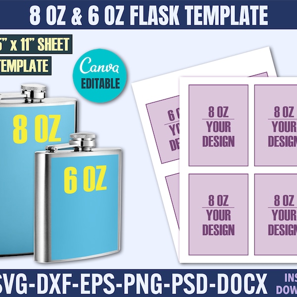 8 Oz - 6 Oz Flask Template Svg, Flask Template Bundle Svg, 8 Oz Flask Template, 6 Oz Flask Template, Canva Flask Template, Blank Flask wrap