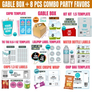 Puede incluir: Un conjunto de plantillas de favores de fiesta imprimibles digitales para una fiesta de cumpleaños. El conjunto incluye plantillas para una caja de gable, una bolsa de jugo Capri, un contenedor Tic Tac, etiquetas de piruletas, etiquetas de botellas de agua, una bolsa de patatas fritas y una envoltura de golosina de arroz Krispie. Las plantillas son editables en Canva y Cricut.