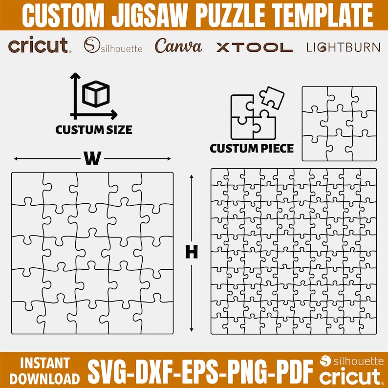 May include: A digital template for custom jigsaw puzzles featuring the text CUSTOM JIGSAW PUZZLE TEMPLATE, logos for Cricut, Silhouette, Canva, XTool, and LightBurn, plus diagrams for custom size, custom piece, and two puzzle grids.