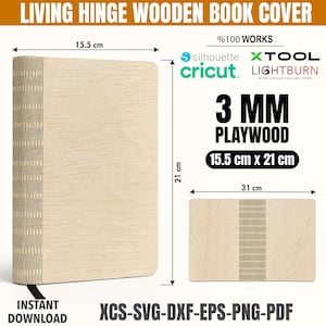 May include: A wooden book cover with a living hinge design, made of 3 mm plywood. The cover measures 6.1 inches by 8.3 inches. The image also shows a flat piece of wood, 12.2 inches long, with a similar design. The text says "Living Hinge Wooden Book Cover".