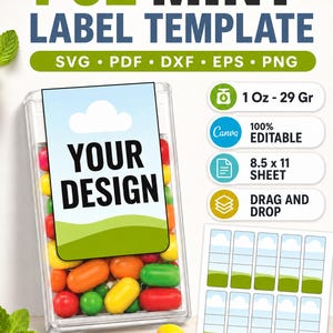 Puede incluir: Una plantilla de etiqueta digital para envases de 29g con una caja de plástico transparente llena de caramelos de colores. El gráfico incluye el texto 1 OZ MINT LABEL TEMPLATE, SVG, PDF, DXF, EPS, PNG, 100% EDITABLE, 8.5 x 11 SHEET y COMPATIBLE WITH cricut silhouette.
