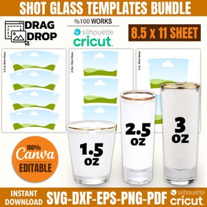 Pacchetto di modelli per bicchierini da shot, involucri per bicchierini da shot, involucri per bicchierini da 1,5 oz, 2,5 oz, 3 oz, modello per bicchierini da shot Canva Edit, stampa a sublimazione per bicchierini