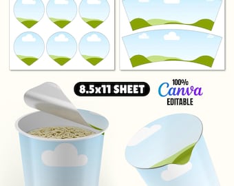 Editable Noodle Cup Template, Canva Ramen Cup Wrap and Lid, 8.5x11 Printable Party Favor Design