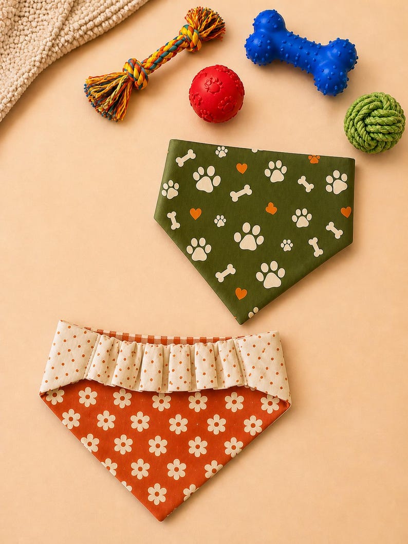 May include: Two dog bandanas with different patterns. One is green with white paw prints, orange hearts, and bone shapes. The other is orange with white flower shapes and a ruffled top. Also, dog toys including a rope toy, a red ball, a blue bone, and a green rope ball.