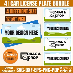 Könnte beinhalten: Ein Bundle von 4 Kfz-Kennzeichen mit dem Text "YOUR DESIGN HERE" und "DRAG & DROP". Die Kennzeichen sind 30,48 cm x 15,24 cm groß. Das Bild enthält auch den Text "100% Canva Editable" und "Instant Download".