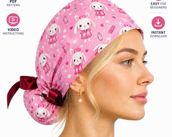 Euro Style Ponytail Scrub Cap Sewing Pattern PDF, Nurse Scrub Hat, Surgical Cap, Video Tutorial