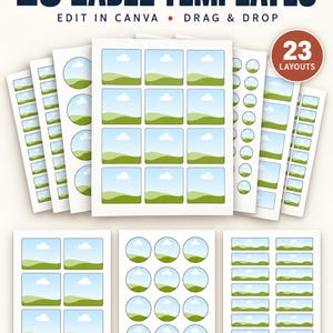 May include: A digital collection of 23 label templates for US Letter 8.5 x 11 inch paper. The templates feature various shapes including squares, circles, and rectangles, all displaying a landscape graphic with green hills and a blue sky.