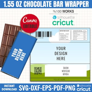 Pode incluir: Um modelo imprimível para um invólucro de barra de chocolate de 1,55 oz. O invólucro é azul com uma borda branca e tem o texto "Your Design Here" em branco. O invólucro também tem um código de barras e um código QR. O modelo é compatível com Canva, Silhouette e Cricut.