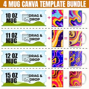 Peut inclure: Visuel d'un pack de 4 modèles de mugs Canva. L'image présente quatre tailles de mugs : 295 ml, 325 ml, 355 ml et 444 ml. Chaque taille est associée à un modèle de design et à un mug fini avec un motif abstrait coloré. Le texte 'DRAG & DROP' est visible.