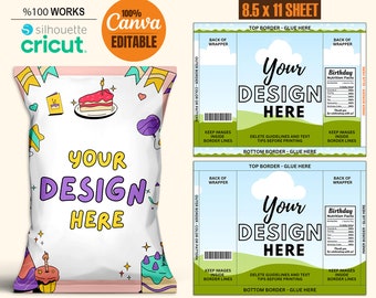 May include: A white chip bag Canva template with the text "Your Design Here" and birthday-themed graphics. The template is for an 8.5 x 11 inch sheet and is editable with Canva. Includes SVG, DXF, PNG, EPS, AI, and PDF formats.