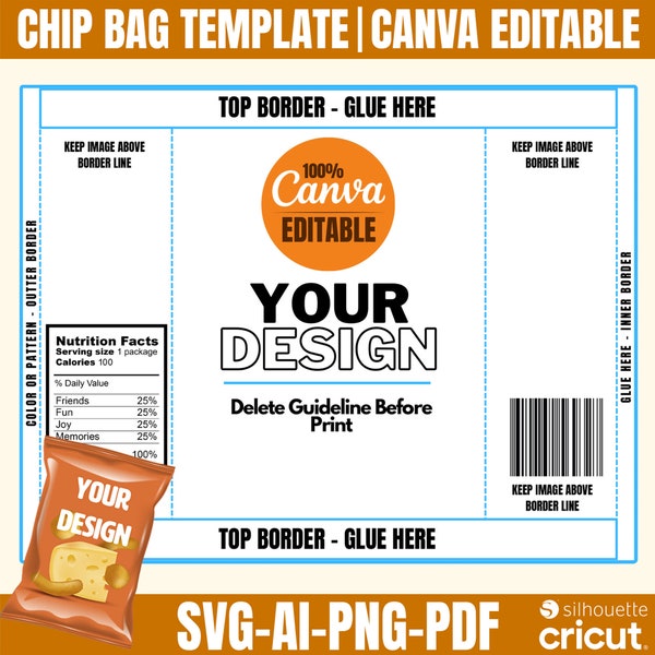 Chip Bag Template, Chip Bag Template Canva, Blank Chip Bag, Chip Bag Label, Party Chip Bag, Chip Bag Editable, Printable Party Favor, Canva