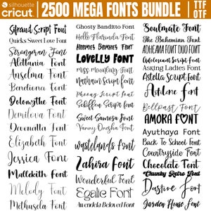 Puede incluir: Una colecci&oacute;n de 2500 nombres de fuentes en texto negro sobre fondo blanco. Los nombres de fuentes est&aacute;n escritos en una variedad de estilos, incluyendo escritura, manuscrita y negrita. El texto "TTF OTF" est&aacute; en la esquina superior derecha de la imagen.