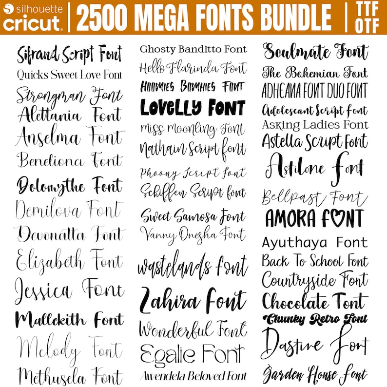 Puede incluir: Una colecci&oacute;n de 2500 nombres de fuentes en texto negro sobre fondo blanco. Los nombres de fuentes est&aacute;n escritos en una variedad de estilos, incluyendo escritura, manuscrita y negrita. El texto "TTF OTF" est&aacute; en la esquina superior derecha de la imagen.