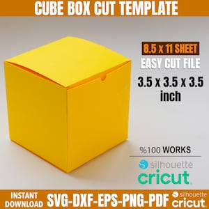 Könnte beinhalten: Eine gelbe Würfelbox-Schnittvorlage für eine 8,9 x 8,9 x 8,9 cm große Box. Die Vorlage ist für den Zuschnitt auf einem 21,6 x 27,9 cm großen Blatt Papier konzipiert. Die Vorlage ist kompatibel mit Silhouette- und Cricut-Schneidemaschinen.
