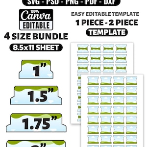 May include: A digital file tab templates bundle featuring SVG, PSD, PNG, PDF, and DXF formats. Includes 1-piece and 2-piece templates for 8.5x11 inch sheets in 1 inch, 1.5 inch, 1.75 inch, and 2 inch sizes. The templates are editable in Canva.