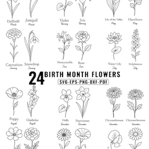 以下が含まれることがあります： 24種類の誕生花の白黒線画イラスト集。それぞれの花には名前と対応する月が記載されています。中央のテキストには「24 BIRTH MONTH FLOWERS」とあり、その下に長方形の枠で囲まれた「SVG-EPS-PNG-DXF-PDF」という文字が記されています。