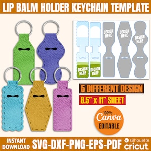 May include: Five different designs for a lip balm holder keychain template. The template is 8.5 inches by 11 inches and is 100% editable in Canva. The designs include a rectangle, a rounded rectangle, a hexagon, a teardrop shape, and a rounded oval. The template is for use with a cutting machine like Cricut or Silhouette.