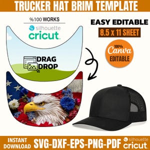 Puede incluir: Una gorra de camionero negra con la parte trasera de malla se muestra junto a un diseño de plantilla. La plantilla incluye un diseño de ala con una bandera estadounidense y un águila. El texto en la imagen incluye "Trucker Hat Brim Template", "Easy Editable" y "8.5 x 11 SHEET".