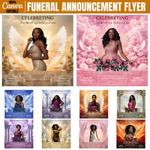 May include: A collection of funeral announcement flyers. Each flyer features a portrait of a woman with angel wings, floral elements, and the text "CELEBRATING The life of our beloved one" and "HENRIETTA MITCHELL". The flyers have various color schemes.