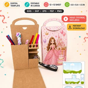 May include: A digital activity birthday gift box template featuring SVG, DXF, EPS, PDF, and PNG file formats. The design includes a brown cardboard organizer with pen slots and a pink box decorated with a princess, castle, and birthday cake.