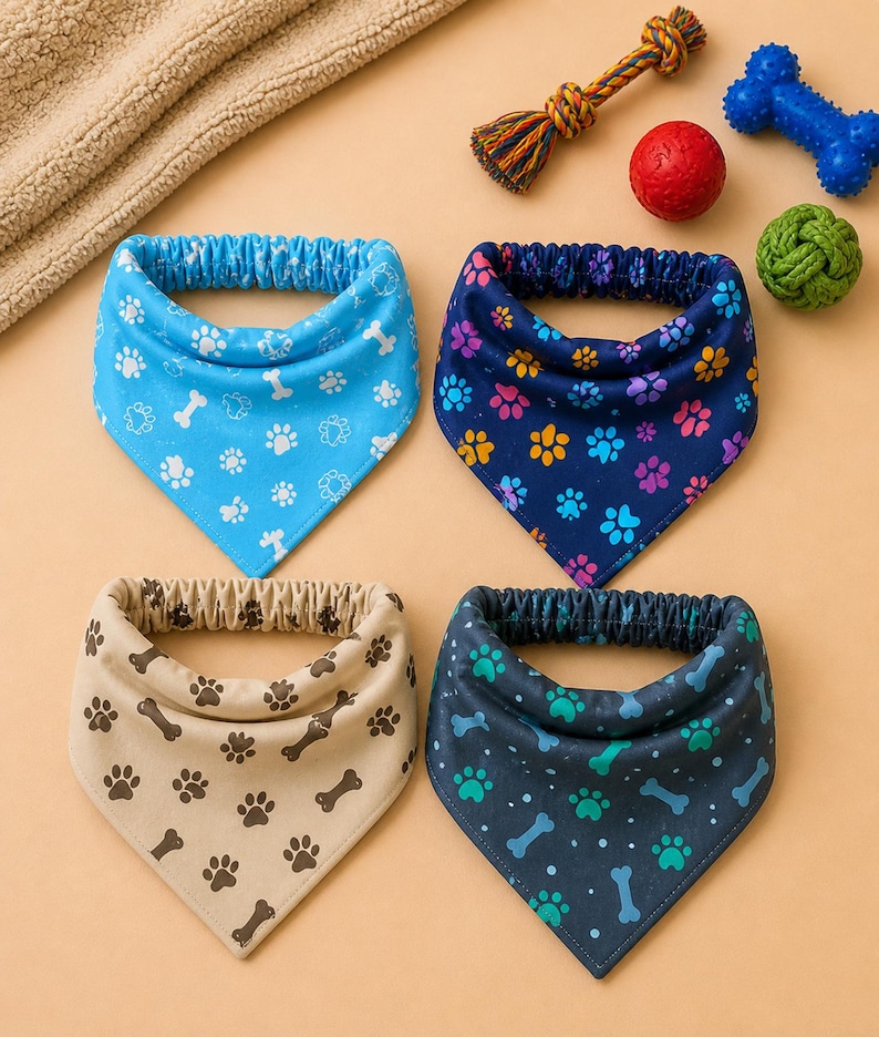 May include: Four dog bandanas in blue, navy, tan, and dark teal, each with a different pattern of paw prints and bones. A rope toy, a red ball, and two other dog toys are also visible.
