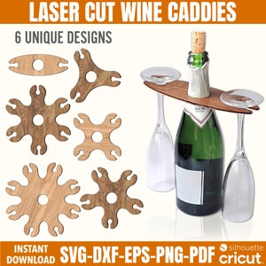Wine Caddy Svg, Porta bicchiere da vino Svg, File tagliato al laser, Bundle di modelli per Wine Caddy, Bicchiere per servire bottiglie di vino, Modelli per vino in legno, Glowforge