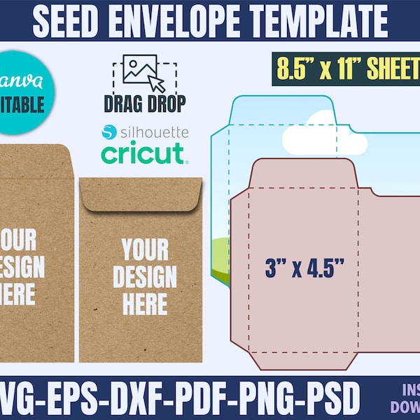 Plantilla de mini sobre, plantilla de sobre de semillas, plantilla de sobre svg, archivo de sobre cricut, plantilla de sobres, plantilla de canva de sobre