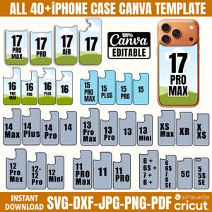 Könnte beinhalten: Eine digitale Vorlage für iPhone-Hüllen, die verschiedene Modelle vom iPhone 5 bis zum 17 Pro Max abdeckt. Das Bild zeigt Hüllen-Umrisse, das Canva-Logo und den Text "ALL 40+ IPHONE CASE CANVA TEMPLATE". Sofortiger Download in SVG, DXF, JPG, PNG und PDF.