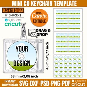 Può includere: Modello di portachiavi mini CD trasparente con la scritta "YOUR DESIGN" su sfondo blu e verde. Il portachiavi è largo 53 mm e alto 45 mm. Include un foglio A4 ed è modificabile su Canva.