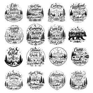May include: A collection of sixteen circular black and white graphic designs featuring camping themes. Each illustration includes stylized typography and imagery such as camper vans, tents, mountains, pine trees, campfires, and crescent moons.