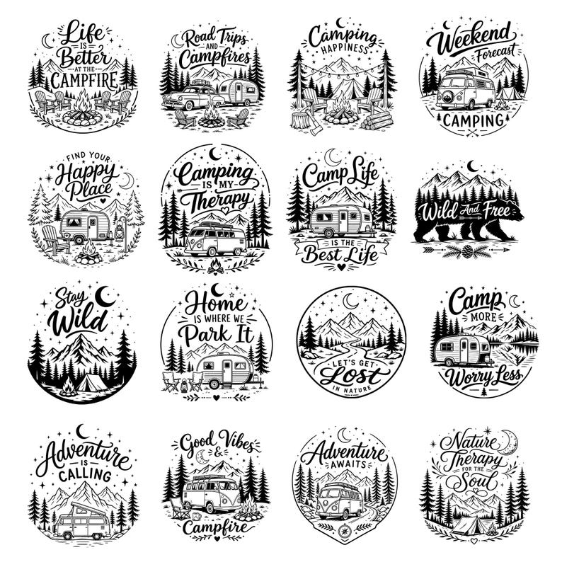 May include: A collection of sixteen circular black and white graphic designs featuring camping themes. Each illustration includes stylized typography and imagery such as camper vans, tents, mountains, pine trees, campfires, and crescent moons.