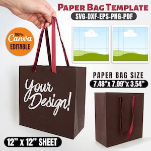 Puede incluir: Una plantilla de bolsa de papel marrón con asas de cinta burdeos. La bolsa lleva la inscripción "Your Design!" en escritura blanca. Las dimensiones son 19 cm x 18 cm x 9 cm y el tamaño de la hoja es de 30 cm x 30 cm. La imagen también incluye el texto "100% Canva Editable".