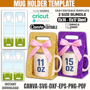 Puede incluir: Un portavasos dorado con purpurina y lazo rosa que sostiene una taza de 312 ml, y un portavasos morado con purpurina y lazo rosa que sostiene una taza de 425 ml. Dise&ntilde;o para Cricut y Silhouette.