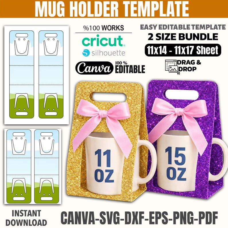 Puede incluir: Un portavasos dorado con purpurina y lazo rosa que sostiene una taza de 312 ml, y un portavasos morado con purpurina y lazo rosa que sostiene una taza de 425 ml. Dise&ntilde;o para Cricut y Silhouette.