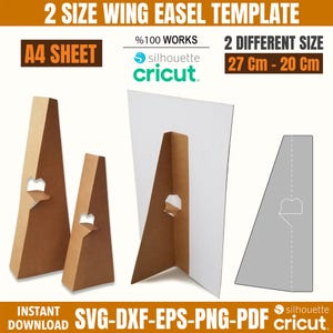 以下が含まれることがあります： 「2 SIZE WING EASEL TEMPLATE」のテキストが入った、段ボール製のウィングイーゼルテンプレート。画像には、組み立てられた3つのイーゼルと図が表示されています。イーゼルは茶色で、ハート型の切り抜きがあります。「A4 SHEET」と「27 cm - 20 cm」の文字も表示されています。