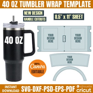 May include: A template for wrapping a 40 ounce tumbler. The template includes a design area for the main body of the tumbler, a design area for the lid, and a design area for the handle. The template is designed to be printed on an 8.5 inch by 11 inch sheet of paper. The template is 100% editable in Canva.